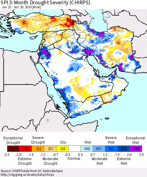 Middle East and Turkey SPI 3-Month Drought Severity (CHIRPS) Thematic Map For 7/21/2019 - 10/20/2019