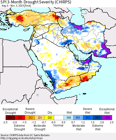 Middle East and Turkey SPI 3-Month Drought Severity (CHIRPS) Thematic Map For 8/6/2019 - 11/5/2019