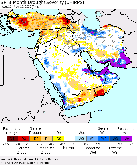 Middle East and Turkey SPI 3-Month Drought Severity (CHIRPS) Thematic Map For 8/11/2019 - 11/10/2019