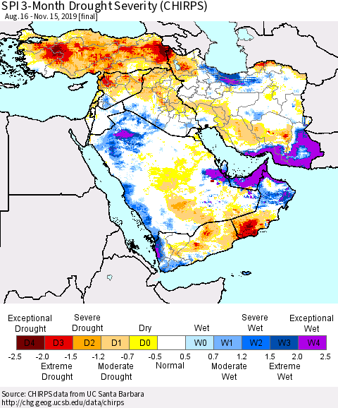 Middle East and Turkey SPI 3-Month Drought Severity (CHIRPS) Thematic Map For 8/16/2019 - 11/15/2019