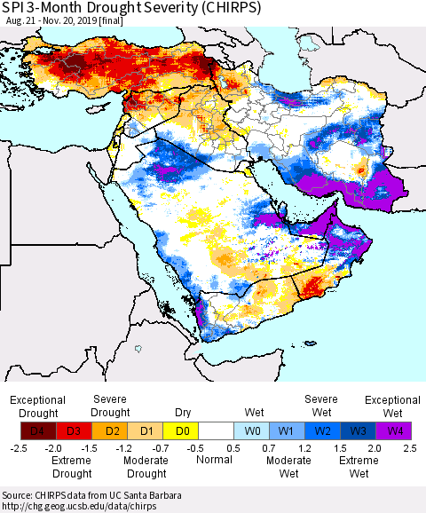 Middle East and Turkey SPI 3-Month Drought Severity (CHIRPS) Thematic Map For 8/21/2019 - 11/20/2019
