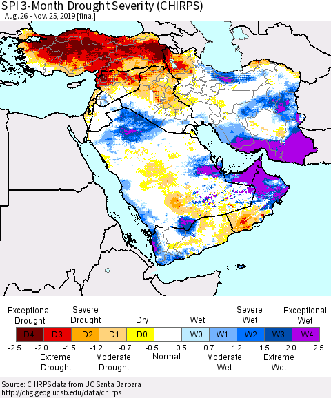 Middle East and Turkey SPI 3-Month Drought Severity (CHIRPS) Thematic Map For 8/26/2019 - 11/25/2019
