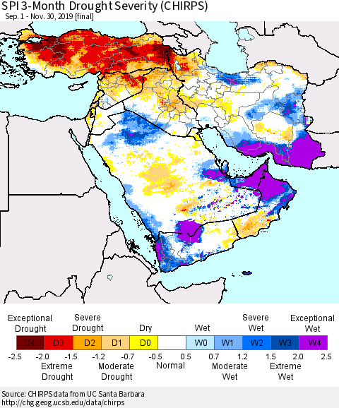 Middle East and Turkey SPI 3-Month Drought Severity (CHIRPS) Thematic Map For 9/1/2019 - 11/30/2019