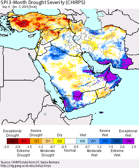 Middle East and Turkey SPI 3-Month Drought Severity (CHIRPS) Thematic Map For 9/6/2019 - 12/5/2019