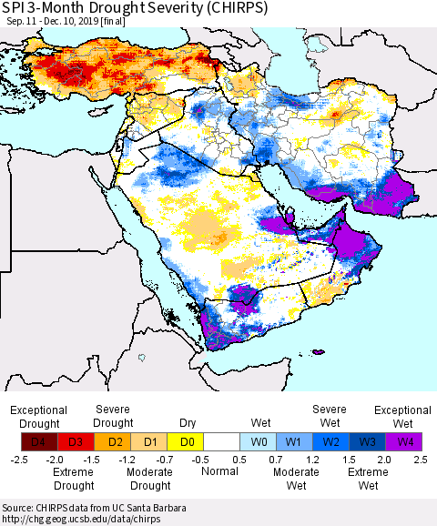 Middle East and Turkey SPI 3-Month Drought Severity (CHIRPS) Thematic Map For 9/11/2019 - 12/10/2019