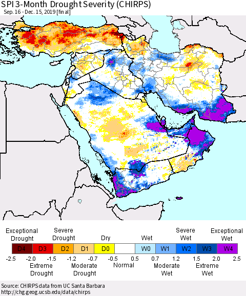 Middle East and Turkey SPI 3-Month Drought Severity (CHIRPS) Thematic Map For 9/16/2019 - 12/15/2019