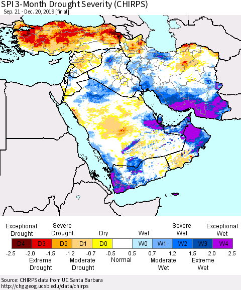 Middle East and Turkey SPI 3-Month Drought Severity (CHIRPS) Thematic Map For 9/21/2019 - 12/20/2019