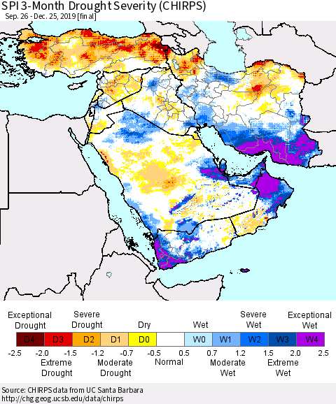 Middle East and Turkey SPI 3-Month Drought Severity (CHIRPS) Thematic Map For 9/26/2019 - 12/25/2019