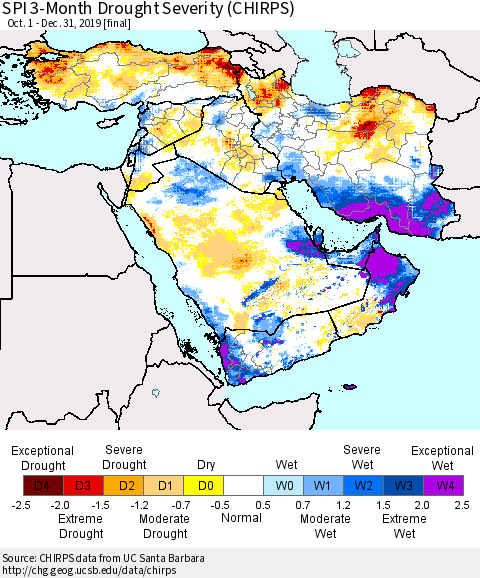 Middle East and Turkey SPI 3-Month Drought Severity (CHIRPS) Thematic Map For 10/1/2019 - 12/31/2019