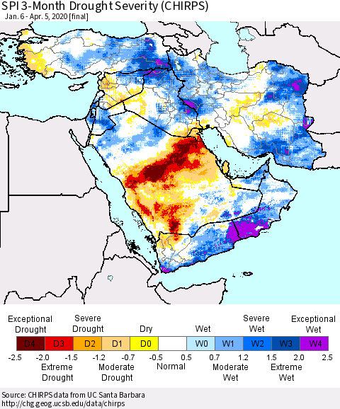 Middle East and Turkey SPI 3-Month Drought Severity (CHIRPS) Thematic Map For 1/6/2020 - 4/5/2020