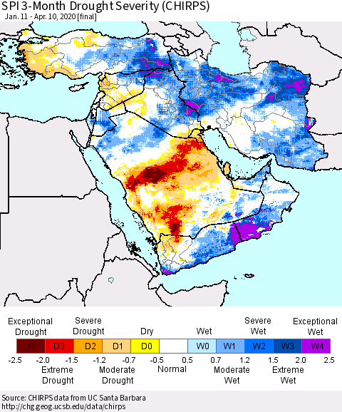Middle East and Turkey SPI 3-Month Drought Severity (CHIRPS) Thematic Map For 1/11/2020 - 4/10/2020