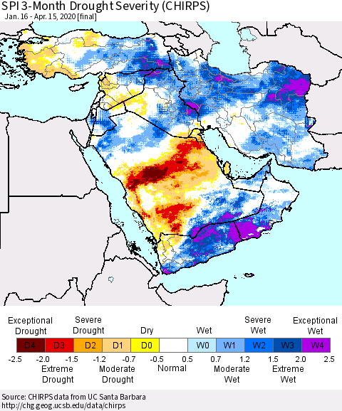 Middle East and Turkey SPI 3-Month Drought Severity (CHIRPS) Thematic Map For 1/16/2020 - 4/15/2020