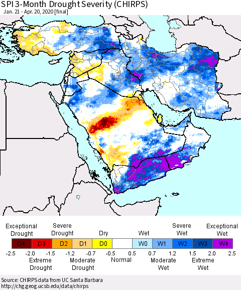 Middle East and Turkey SPI 3-Month Drought Severity (CHIRPS) Thematic Map For 1/21/2020 - 4/20/2020