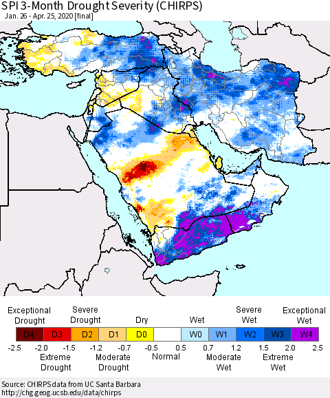 Middle East and Turkey SPI 3-Month Drought Severity (CHIRPS) Thematic Map For 1/26/2020 - 4/25/2020