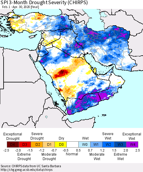 Middle East and Turkey SPI 3-Month Drought Severity (CHIRPS) Thematic Map For 2/1/2020 - 4/30/2020