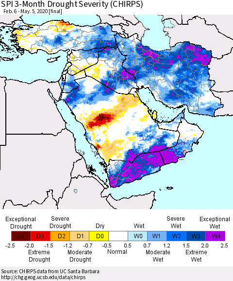 Middle East and Turkey SPI 3-Month Drought Severity (CHIRPS) Thematic Map For 2/6/2020 - 5/5/2020
