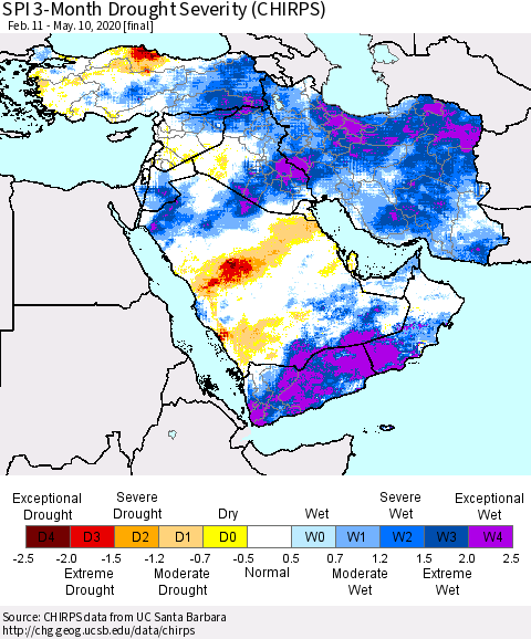 Middle East and Turkey SPI 3-Month Drought Severity (CHIRPS) Thematic Map For 2/11/2020 - 5/10/2020