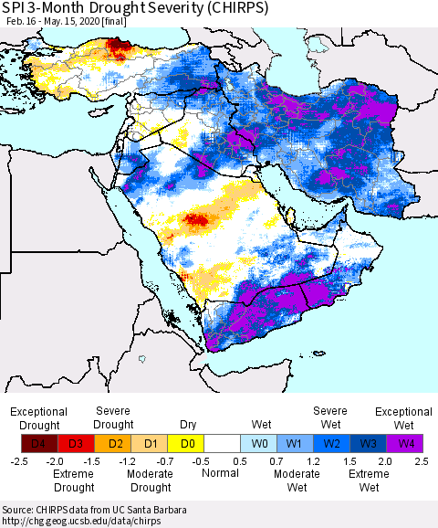 Middle East and Turkey SPI 3-Month Drought Severity (CHIRPS) Thematic Map For 2/16/2020 - 5/15/2020