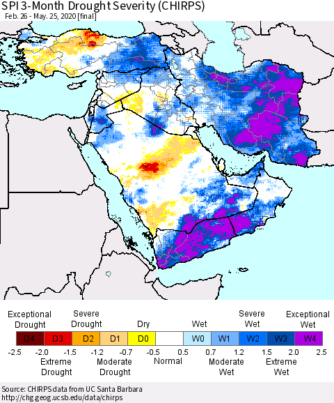 Middle East and Turkey SPI 3-Month Drought Severity (CHIRPS) Thematic Map For 2/26/2020 - 5/25/2020