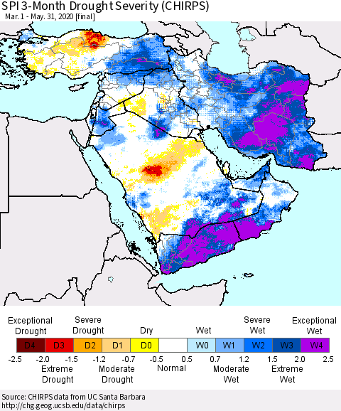 Middle East and Turkey SPI 3-Month Drought Severity (CHIRPS) Thematic Map For 3/1/2020 - 5/31/2020