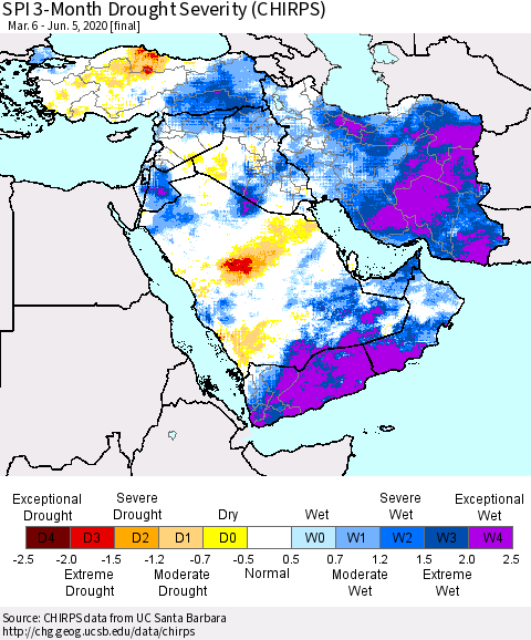 Middle East and Turkey SPI 3-Month Drought Severity (CHIRPS) Thematic Map For 3/6/2020 - 6/5/2020
