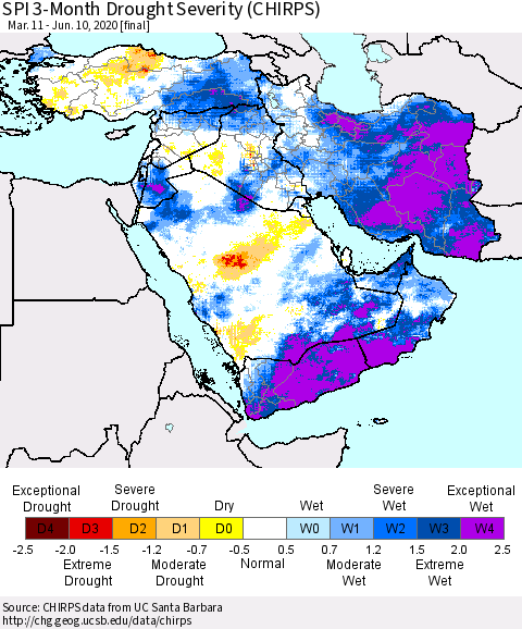 Middle East and Turkey SPI 3-Month Drought Severity (CHIRPS) Thematic Map For 3/11/2020 - 6/10/2020