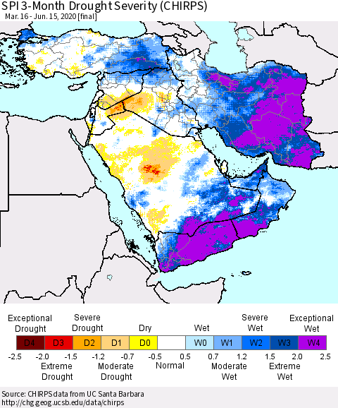 Middle East and Turkey SPI 3-Month Drought Severity (CHIRPS) Thematic Map For 3/16/2020 - 6/15/2020