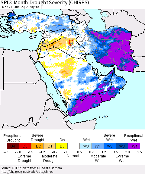 Middle East and Turkey SPI 3-Month Drought Severity (CHIRPS) Thematic Map For 3/21/2020 - 6/20/2020