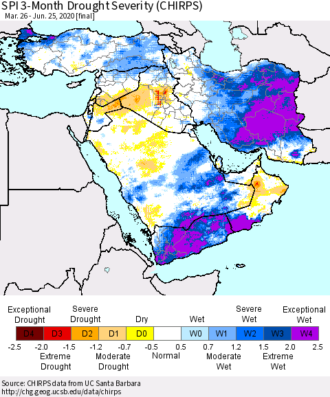 Middle East and Turkey SPI 3-Month Drought Severity (CHIRPS) Thematic Map For 3/26/2020 - 6/25/2020