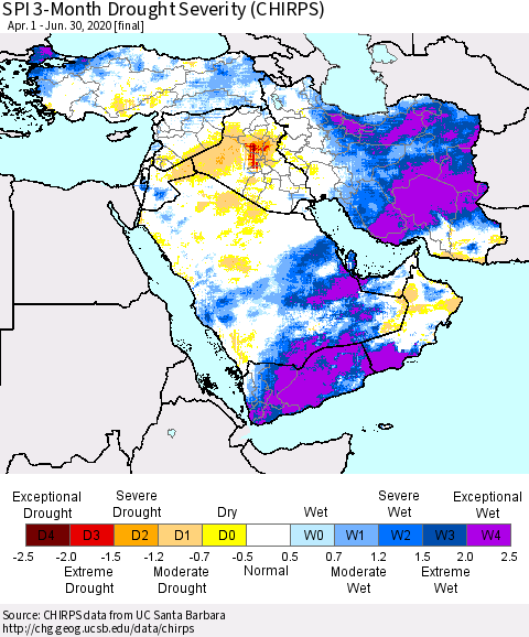 Middle East and Turkey SPI 3-Month Drought Severity (CHIRPS) Thematic Map For 4/1/2020 - 6/30/2020