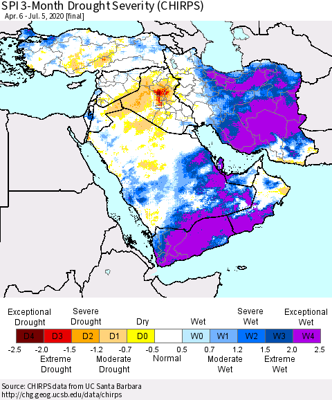 Middle East and Turkey SPI 3-Month Drought Severity (CHIRPS) Thematic Map For 4/6/2020 - 7/5/2020