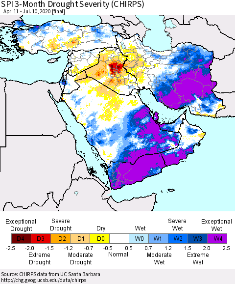 Middle East and Turkey SPI 3-Month Drought Severity (CHIRPS) Thematic Map For 4/11/2020 - 7/10/2020