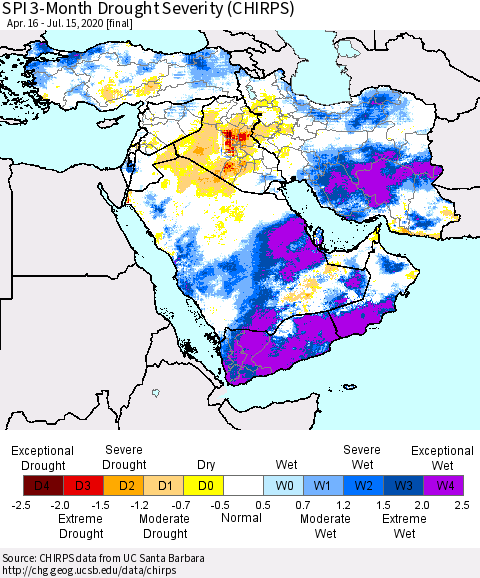Middle East and Turkey SPI 3-Month Drought Severity (CHIRPS) Thematic Map For 4/16/2020 - 7/15/2020