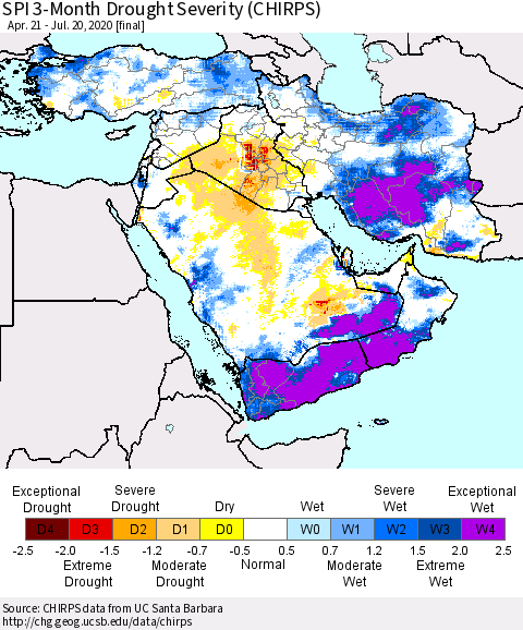 Middle East and Turkey SPI 3-Month Drought Severity (CHIRPS) Thematic Map For 4/21/2020 - 7/20/2020