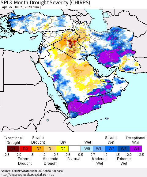Middle East and Turkey SPI 3-Month Drought Severity (CHIRPS) Thematic Map For 4/26/2020 - 7/25/2020