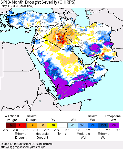Middle East and Turkey SPI 3-Month Drought Severity (CHIRPS) Thematic Map For 5/1/2020 - 7/31/2020