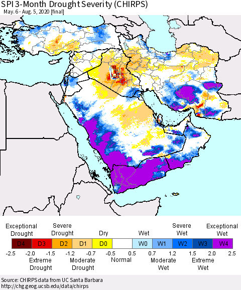 Middle East and Turkey SPI 3-Month Drought Severity (CHIRPS) Thematic Map For 5/6/2020 - 8/5/2020