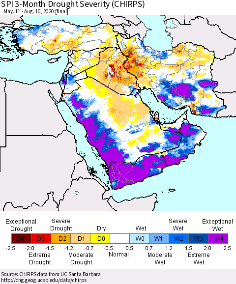 Middle East and Turkey SPI 3-Month Drought Severity (CHIRPS) Thematic Map For 5/11/2020 - 8/10/2020