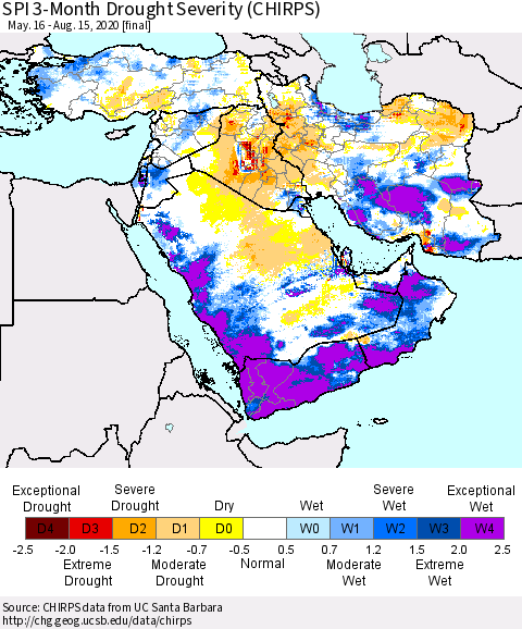 Middle East and Turkey SPI 3-Month Drought Severity (CHIRPS) Thematic Map For 5/16/2020 - 8/15/2020