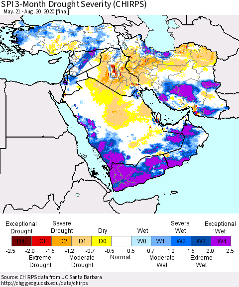 Middle East and Turkey SPI 3-Month Drought Severity (CHIRPS) Thematic Map For 5/21/2020 - 8/20/2020