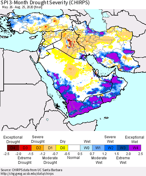 Middle East and Turkey SPI 3-Month Drought Severity (CHIRPS) Thematic Map For 5/26/2020 - 8/25/2020