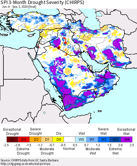 Middle East and Turkey SPI 3-Month Drought Severity (CHIRPS) Thematic Map For 6/6/2020 - 9/5/2020