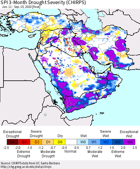 Middle East and Turkey SPI 3-Month Drought Severity (CHIRPS) Thematic Map For 6/11/2020 - 9/10/2020