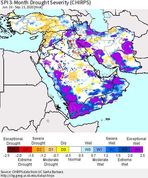 Middle East and Turkey SPI 3-Month Drought Severity (CHIRPS) Thematic Map For 6/16/2020 - 9/15/2020