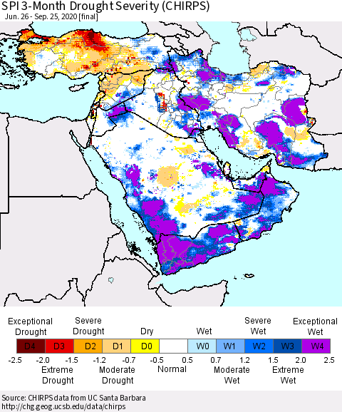 Middle East and Turkey SPI 3-Month Drought Severity (CHIRPS) Thematic Map For 6/26/2020 - 9/25/2020