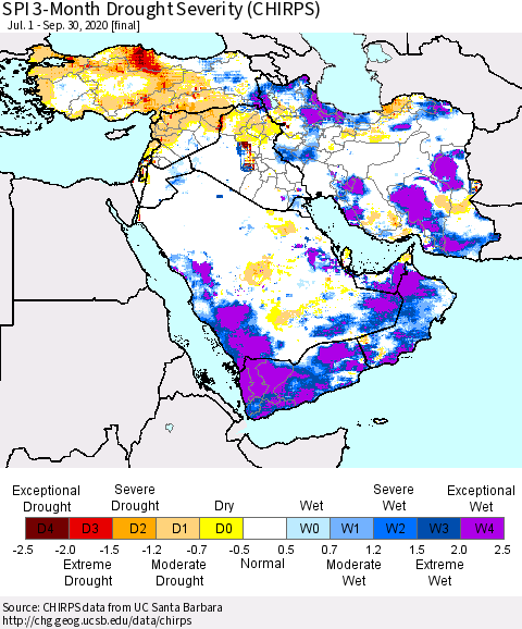 Middle East and Turkey SPI 3-Month Drought Severity (CHIRPS) Thematic Map For 7/1/2020 - 9/30/2020