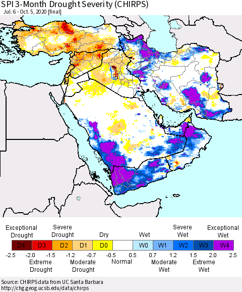 Middle East and Turkey SPI 3-Month Drought Severity (CHIRPS) Thematic Map For 7/6/2020 - 10/5/2020