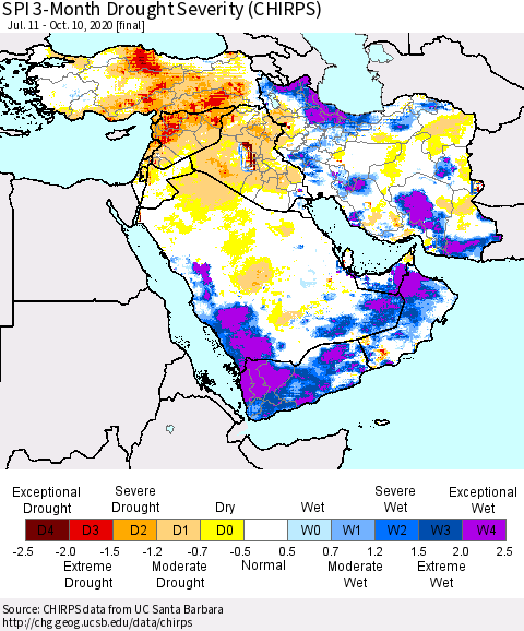 Middle East and Turkey SPI 3-Month Drought Severity (CHIRPS) Thematic Map For 7/11/2020 - 10/10/2020
