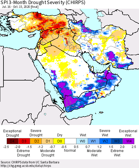 Middle East and Turkey SPI 3-Month Drought Severity (CHIRPS) Thematic Map For 7/16/2020 - 10/15/2020