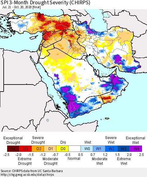 Middle East and Turkey SPI 3-Month Drought Severity (CHIRPS) Thematic Map For 7/21/2020 - 10/20/2020